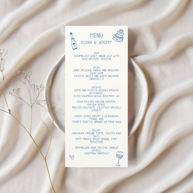 Menú Boda azul del dibujo manuscrito de la mano (Blue Scribble Wedding Menu )