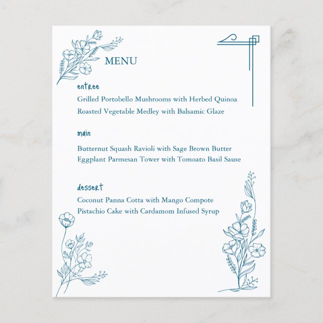 Menú Boda azul del océano floral clásico dibujado (Anverso)
