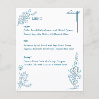 Menú Boda azul del océano floral clásico dibujado