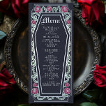 Menú Boda azul del Rosa de ataúd gótico plateado<br><div class="desc">Añade un toque de elegancia gótica a tu fiesta con estos menús bodas con un marco en forma de ataúd, adornado con espinas, rosas y acentos plateados con un fondo azul profundo. Ideal para una cena romántica. Personalice el texto, la fuente y el color de fondo para que se ajusten...</div>