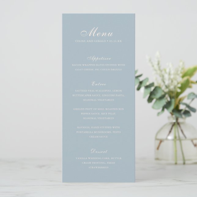Menú Boda Azul Elegante Clásica Atenuada (Anverso de pie)