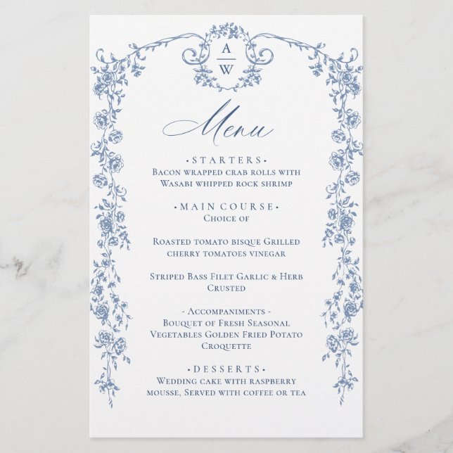 Menú Boda azul floral de Grace Ornate Victoriana (Anverso)
