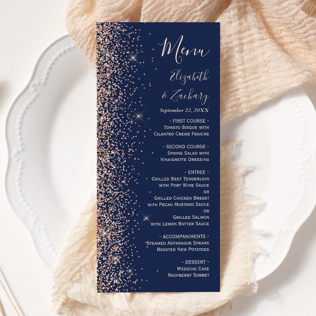 Menú Boda azul marino con brillo de melocotón moderno (Subido por el creador)