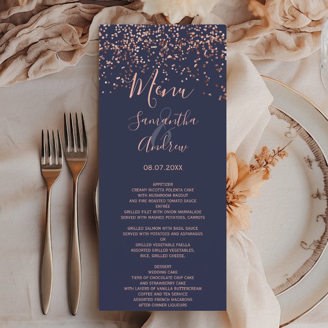menú boda azul marino de confetti dorado Rosa (Rose gold confetti navy blue wedding menu)
