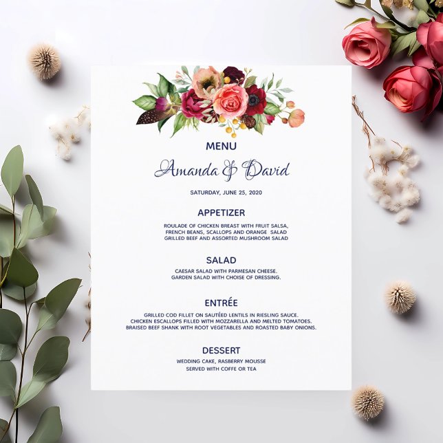 Menú Boda azul marino floraciones borgoñas blancas (Subido por el creador)