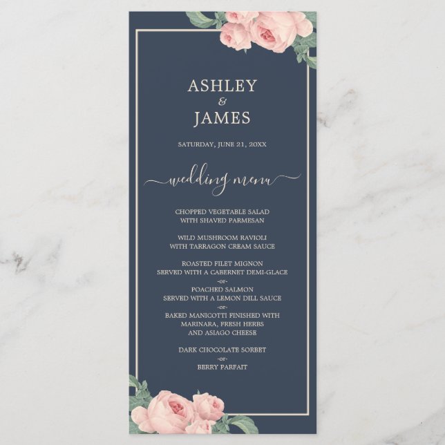 Menú Boda azul oscuro rosa rosa rosa rosado de moda (Anverso)