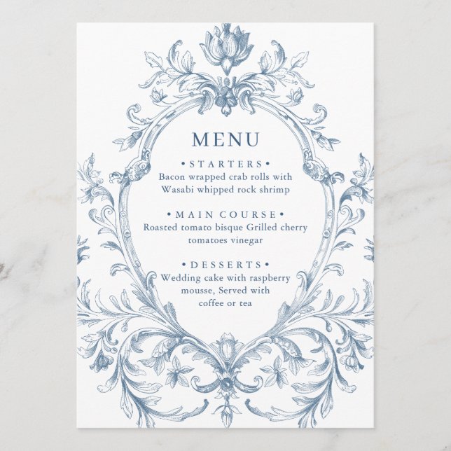 Menú Boda azul oxidado y floral de Grace (Anverso)