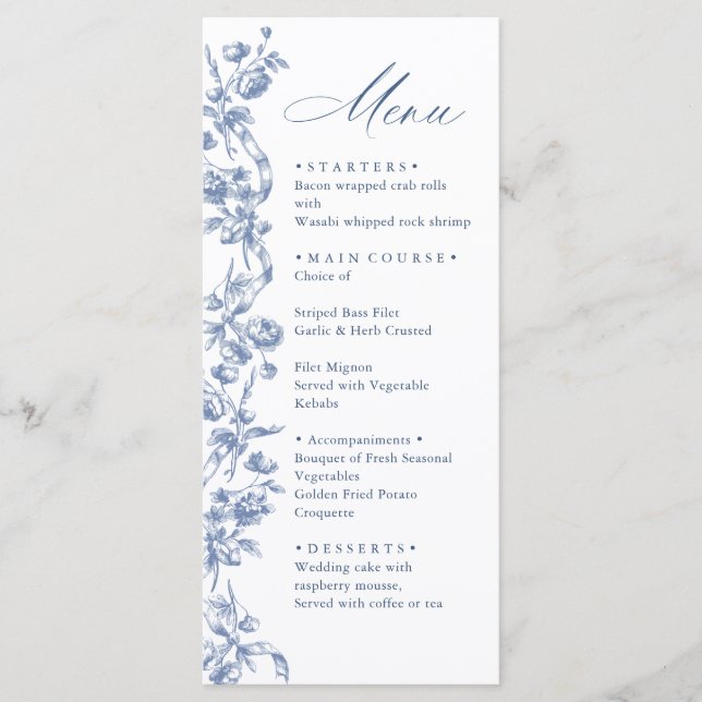 Menú Boda azul oxidado y floral de Grace (Anverso)