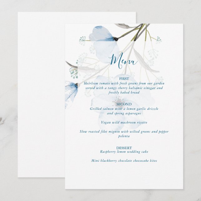 Menú Boda Azul Polvoriento Chic Elegante Moderno (Anverso / Reverso)