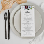 Menú boda azul polvoriento de Borgoña<br><div class="desc">Un maravilloso diseño de temática floral boda con hermosas flores color azul turgoso. El color y el texto se pueden personalizar.</div>