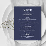 Menú Boda azul Sapphire simple y elegante de presu<br><div class="desc">Una pequeña carta de menú a la carta de la cena azul zafiro, a precios razonables, con su selección de comida en letras blancas de moda, es perfecta para una recepción nupcial moderna, una cena de boda, un fiesta de aniversario o cualquier evento especial con una cena sentada. *Medidas de...</div>