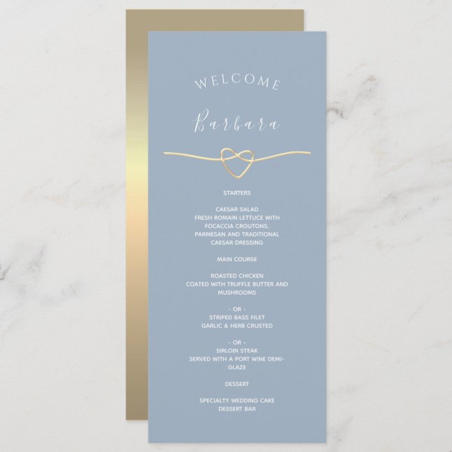 Menú Boda azul turbio con nombre de invitado (Anverso / Reverso)