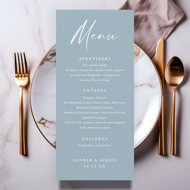 Menú Boda azul turbio de escritura moderna (Modern script simple dusty blue wedding menu.
)