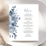 Menú Boda azul turbio y acuarela del presupuesto<br><div class="desc">En el extremo izquierdo de este romántico menú boda se encuentra un ramo acuarela de flores azules polvorientas y vegetación. El texto del personalizable combina escritura a mano,  copperplate y cursiva en gris carbón y azul polvoriento sobre un fondo blanco. El reverso es un azul polvoriento sólido y coordinado.</div>