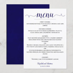 Menú Boda azul y blanco de la marina de caligrafía de L