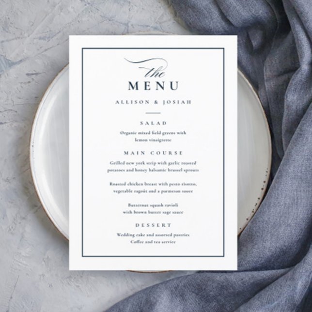 Menú Boda azul y blanco elegante de la Marina Clásica (Elegant Navy Blue and White Wedding Menu.)