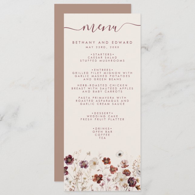 Menú Boda Beige de Fall Wildflower Field (Anverso / Reverso)