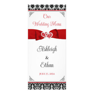 Menú Boda Black, White, Red Damask Love Hearts