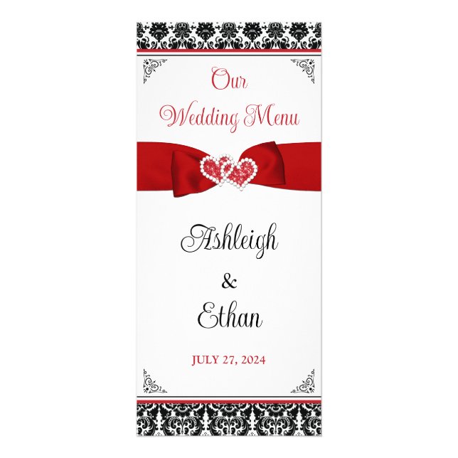 Menú Boda Black, White, Red Damask Love Hearts (Frente)