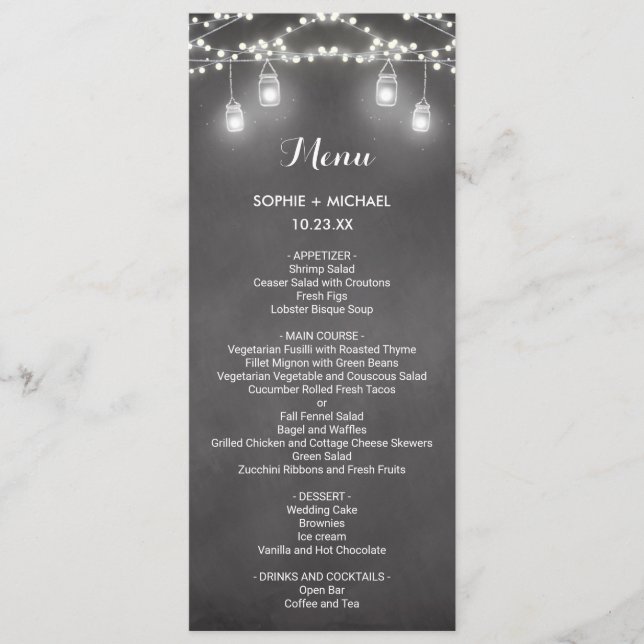 Menú boda Black White String Lights (Anverso)