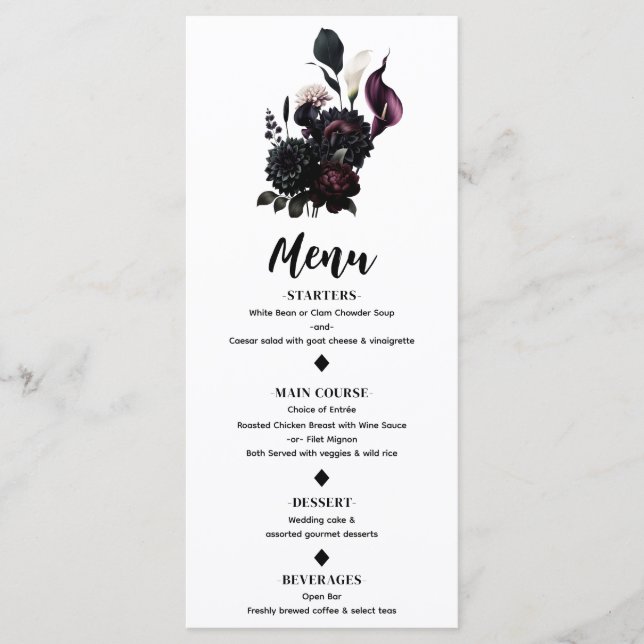 Menú Boda blanco floral romántico oscuro (Anverso)
