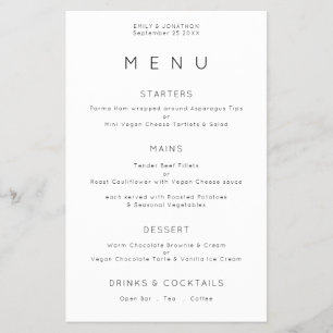 Menú Boda blanco negro de tipografía simple de val
