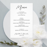 Menú Boda blanco simple de presupuesto<br><div class="desc">Un excelente valor, un menú de cena en blanco de 5, 5" x 8, 5" está impreso en papel mate más delgado de 80 libras sin revestir y ofrece sus opciones de comida en letras de moda. Perfecto para una recepción nupcial moderna, cena de boda, fiesta de aniversario o cualquier...</div>