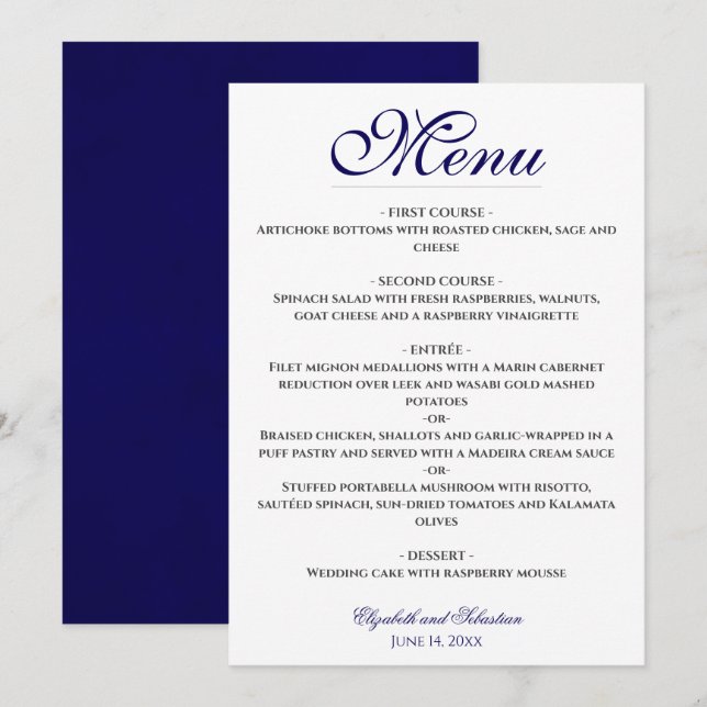 Menú Boda blanco y azul de la Marina de Sencilla E (Anverso / Reverso)