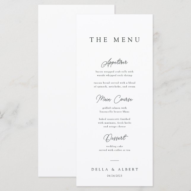 Menú Boda blanco y negro caligráfico minimalista (Anverso / Reverso)