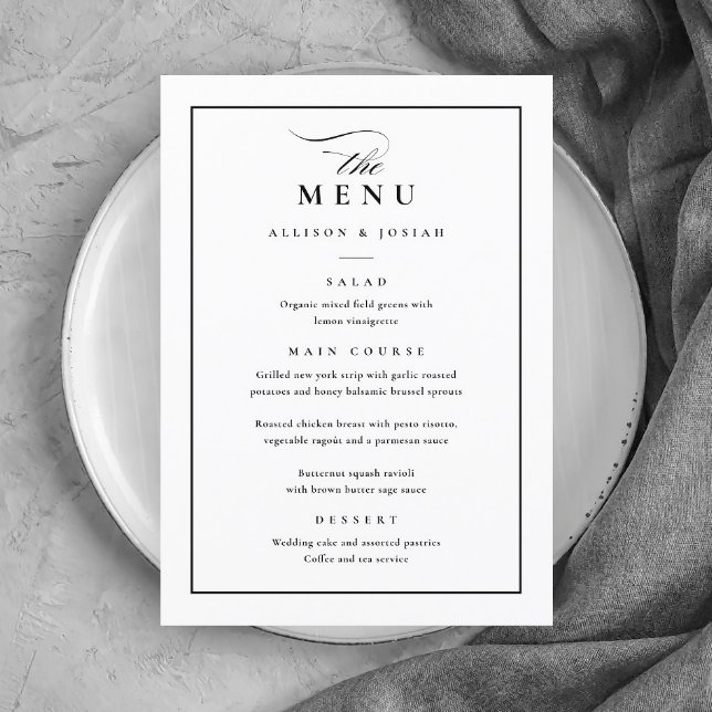 Menú Boda blanco y negro clásico elegante (Simple Black and White Wedding Menu.)
