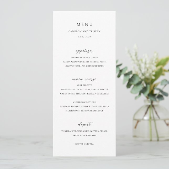 Menú Boda blanco y negro simple (Anverso de pie)