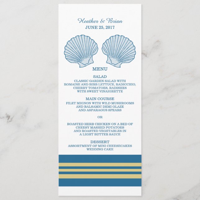 Menú Boda Blue Gold Nautical Seashells (Anverso)