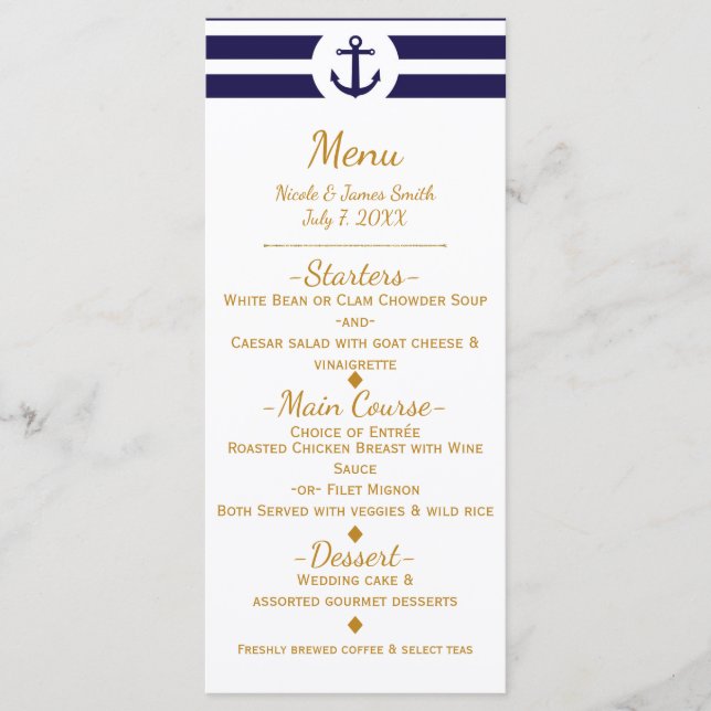 Menú Boda Blue Nautical Anchor & Stripes (Anverso)