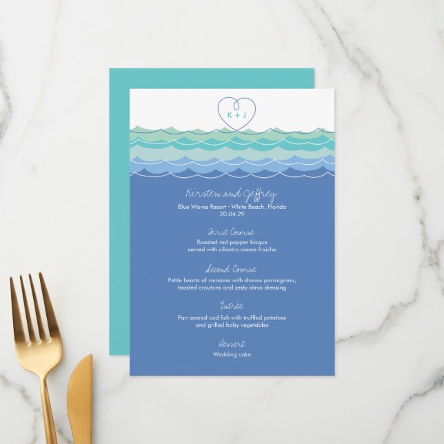 Menú Boda Blue Ocean Wave Loopy Heart Monogram Beach We (Anverso/Reverso In Situ)