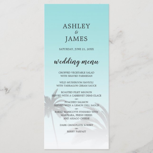 Menú Boda Blue Tropical Palm Tree Beach (Anverso)