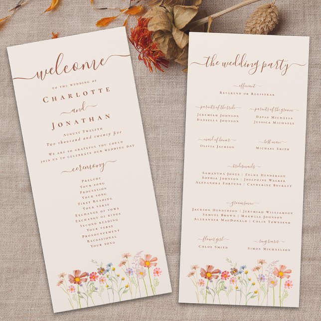 Menú Boda Bohemio de Otoño en un Prado de Flores Silves (Boho fall Wildflower meadow beige Wedding ceremony program card watercolor florals elegant script)