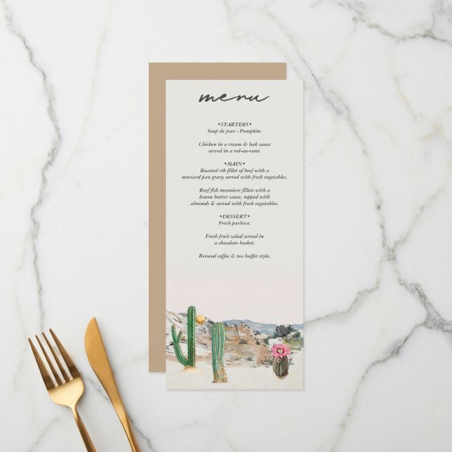 Menú Boda Boho Cactus Desierto Acuarela (Anverso/Reverso In Situ)