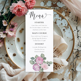 Menú Boda Boho con flores rosadas y púrpuras