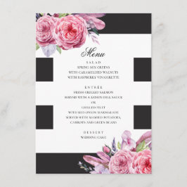 Menú Boda boho de flores rosadas y plumas en acuarela