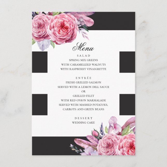 Menú Boda boho de flores rosadas y plumas en acuarela (Anverso)