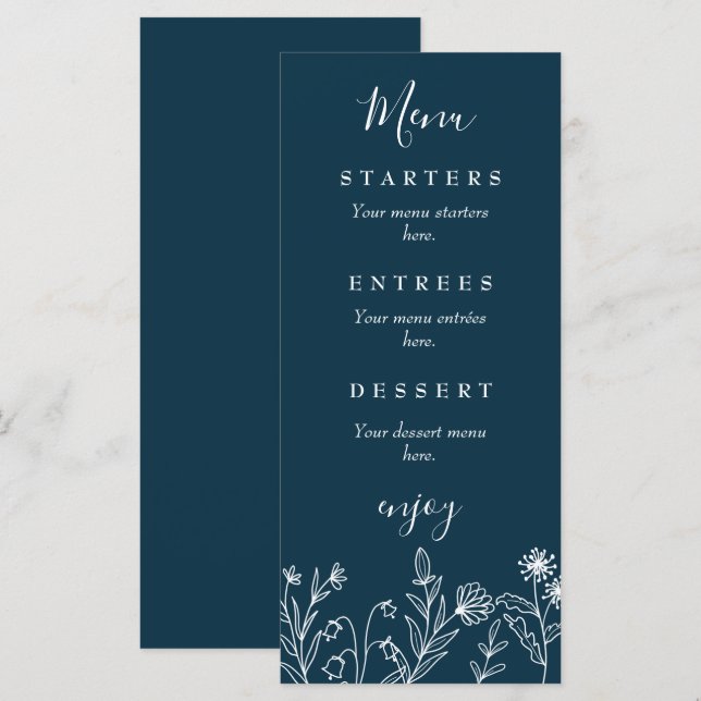 Menú Boda boho de flores silvestres azul marino (Anverso / Reverso)