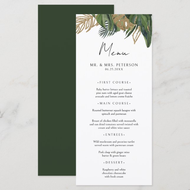 Menú Boda boho de verano botánica de vegetación tropica (Anverso / Reverso)