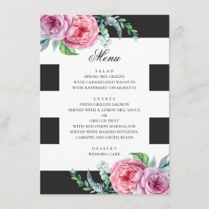 Menú Boda boho en blanco y negro. Floral rosa acuarela