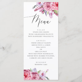 Menú Boda boho floral de acuarela rosa y plumas