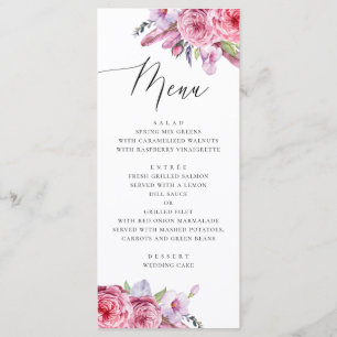 Menú Boda boho floral de acuarela rosa y plumas