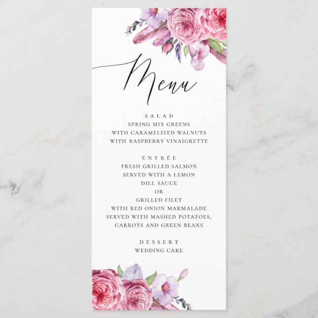 Menú Boda boho floral de acuarela rosa y plumas (Anverso)