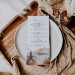 Menú Boda Boho Outdoor Mountain<br><div class="desc">Se trata de una carta de temática montañesa con una hermosa escena de montaña acuática y un elegante emparejamiento de fuentes. Toda la redacción y la mayoría de las fuentes son editables en este diseño rústico de girasol. Los únicos colores que no se pueden modificar son los colores del diseño...</div>