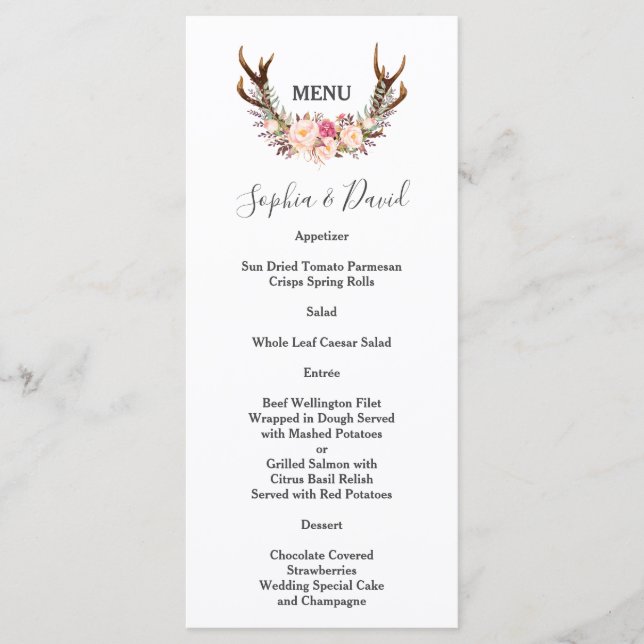 Menú Boda Boho Rubor Flowers Antlers (Anverso)