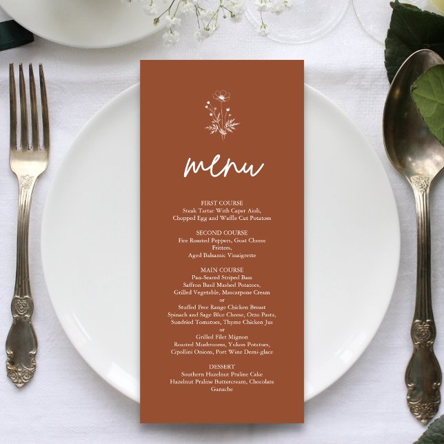 Menú Boda Boho Terracota Flor Silvestre Rústica (Rustic wildflower terracotta boho wedding menu enhances tables with warm personalized charm)