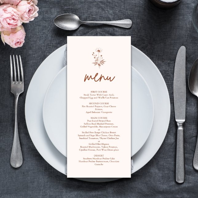 Menú Boda Boho Terracota Flor Silvestre Rústica (Rustic wildflower terracotta boho wedding menu adds warm charm to your dining tables with style)